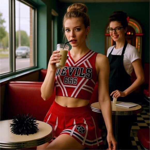 Satans Cheerleader Costume Set Red Devils 666 Top w/ Pleated Skirt & Pom Poms - Picture 2 of 10